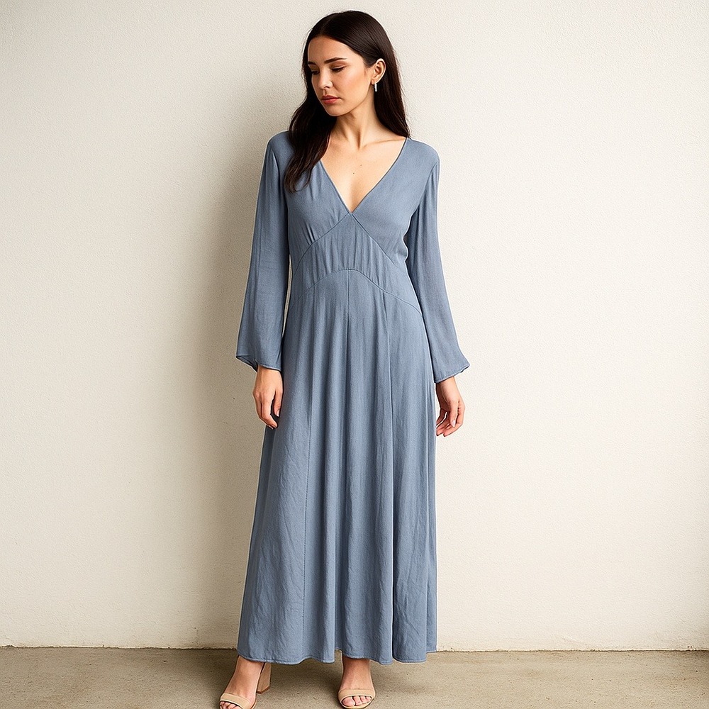 Vince Maxi Dress Womens 12 Blue Long Sleeve V Neck Tie Back Gown Satin‎ Preppy